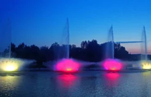 Interactive musical fountains with light and sound effects.