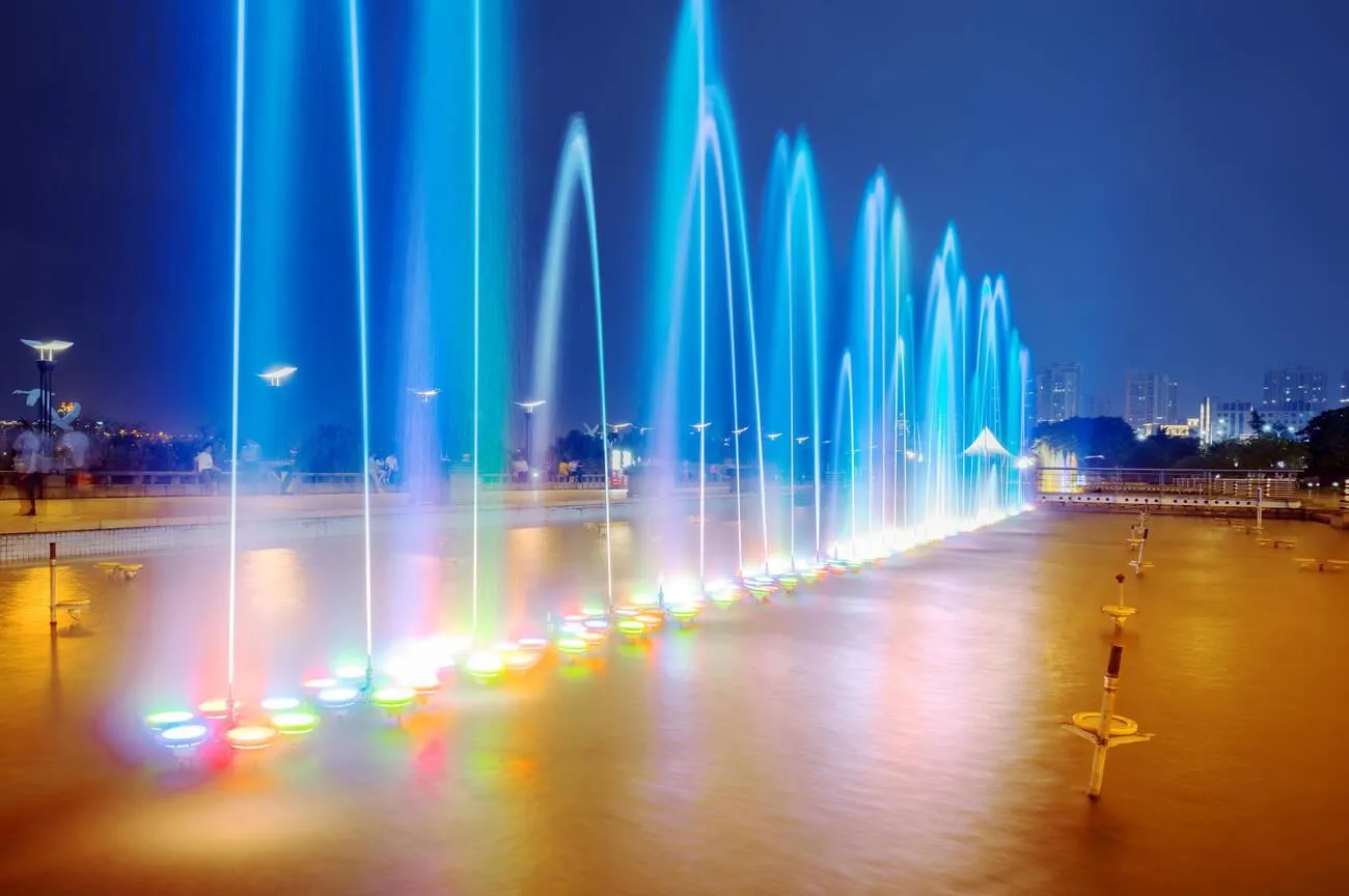 Musical fountain with synchronized water jets and lights