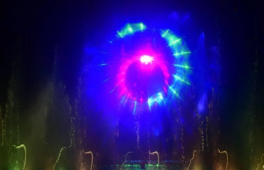 Musical fountain with synchronized water jets and lights